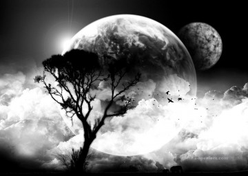  luna Pintura - blanco y negro nubes luna árbol